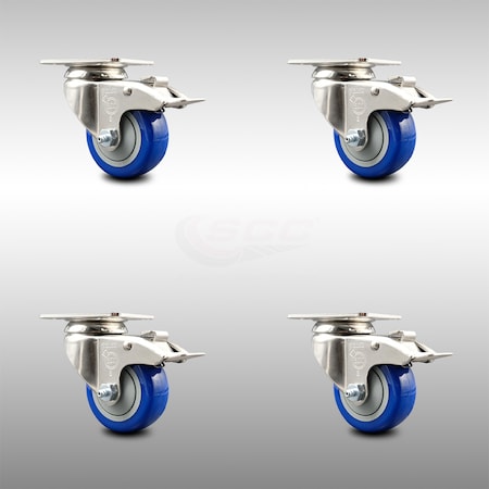 Service Caster 3.5 Inch 316SS Blue Polyurethane Swivel Top Plate Caster Set Total Lock Brake SCC-SS316TTL20S3514-PPUB-BLUE-4